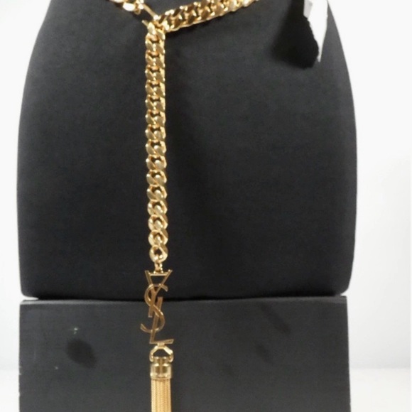 Saint Laurent Monogram Logo YSL Gold Tassel Black Leather Chain Belt ? main image 5